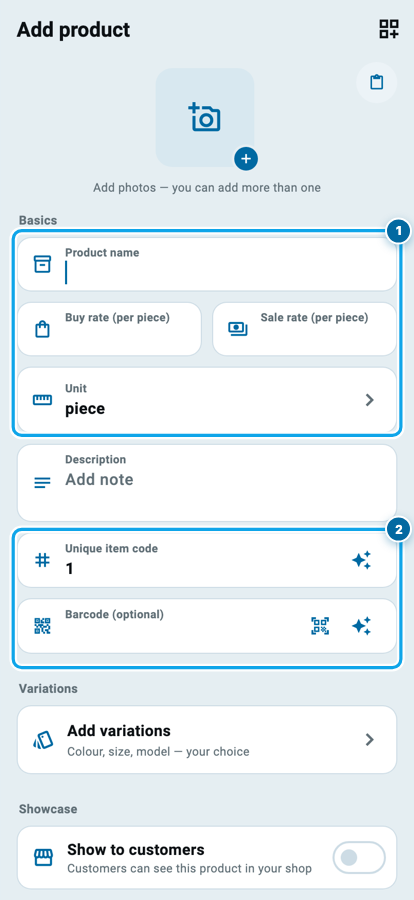 The add-product form in Wasoolo with the name, buy and sale rate, unit and description