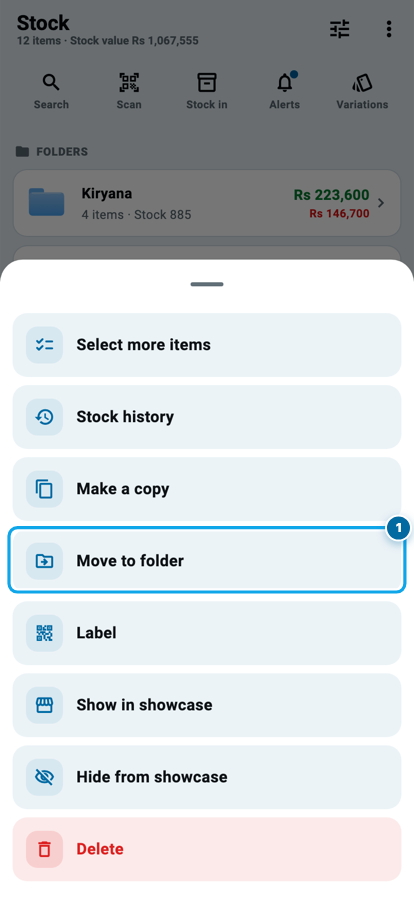 The long-press menu on a product in Wasoolo, with move to folder among the actions