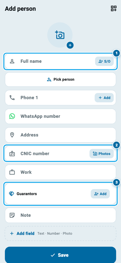 Wasoolo ka add-person form: naam, phone, CNIC, kaam aur zamin ki rows