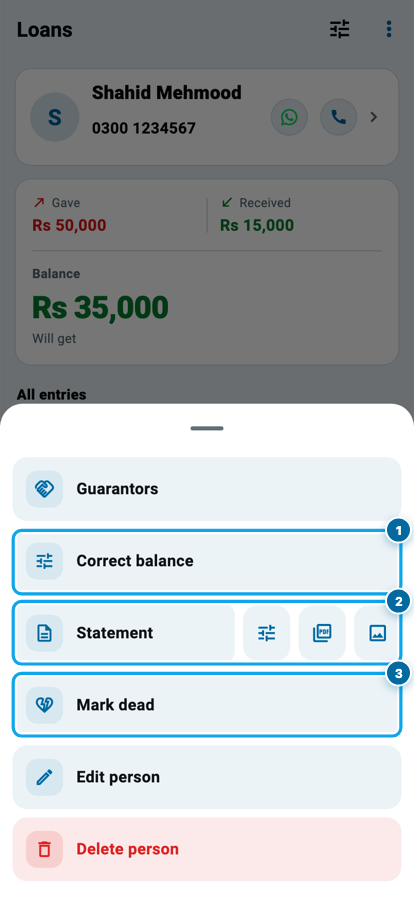 Wasoolo mein loan wale banday ka menu: correct balance, statement aur mark dead