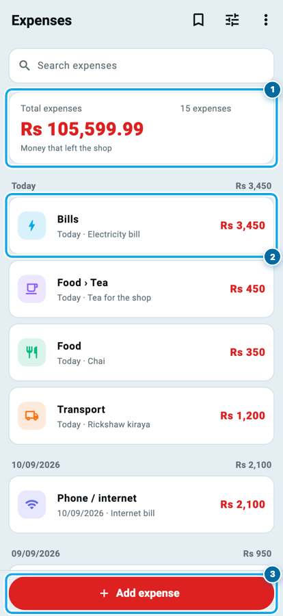 Wasoolo ka expenses safha jis par total, aaj ke kharche aur add expense button hai