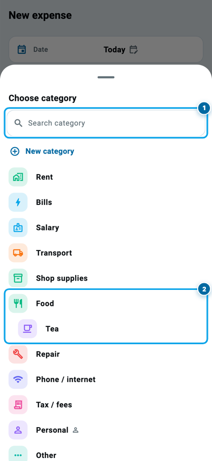 Wasoolo mein choose category ki sheet jis par search, categories ki list aur new category button hai