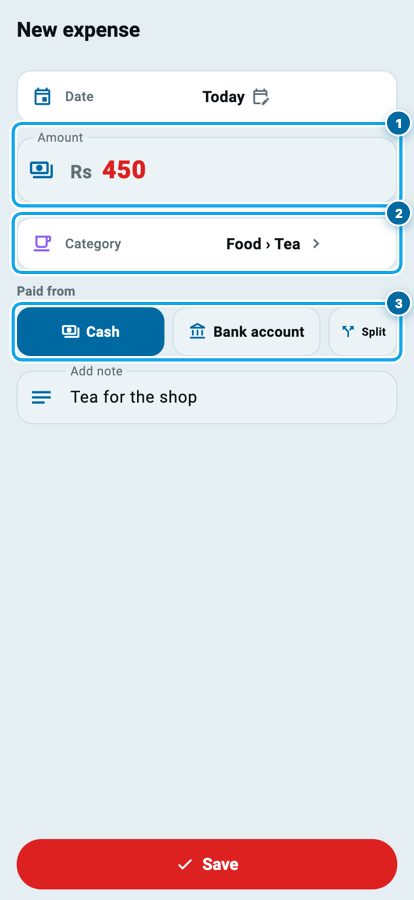 Wasoolo ka bhara hua new expense form jis par raqam, food aur tea category, cash se adaigi aur note hai
