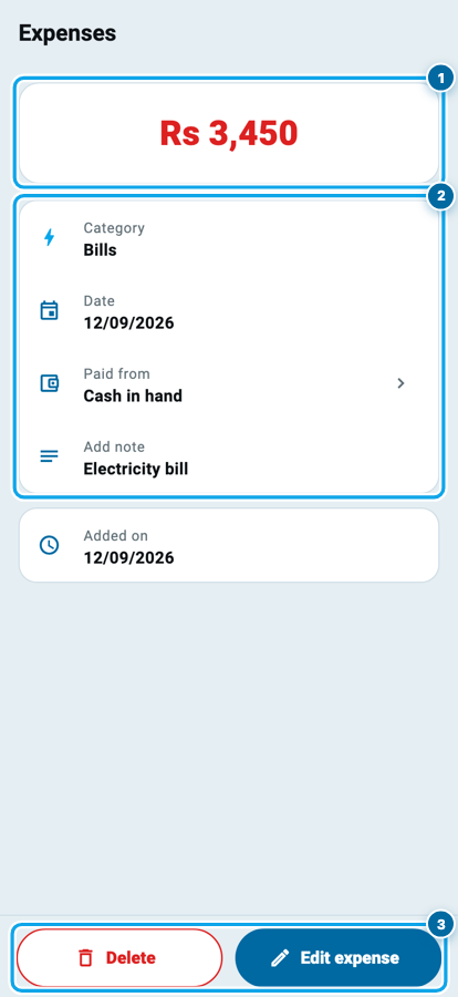 Wasoolo mein save hue kharche ka safha jis par raqam, category, tareekh, account aur edit delete button hain