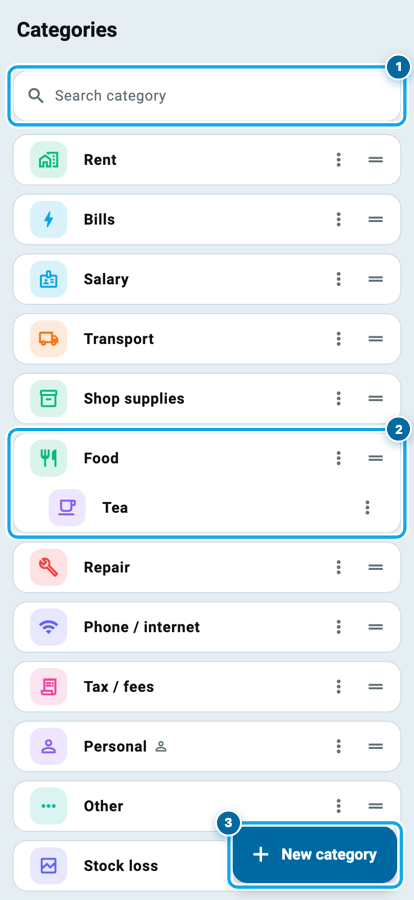 Wasoolo mein kharche ki categories ka safha jis par search, categories ki list aur new category button hai