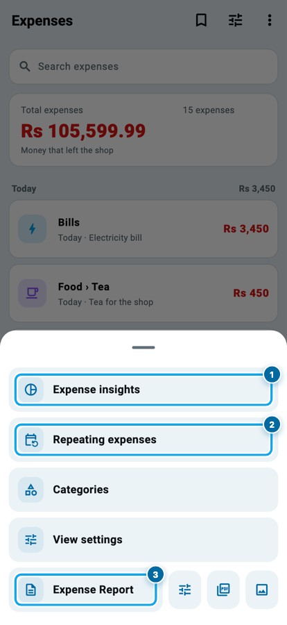 Wasoolo ke expenses menu mein insights, repeating expenses, categories, view settings aur expense report