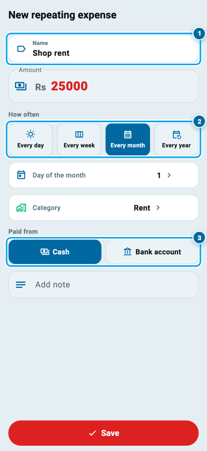 Wasoolo ka new repeating expense form, har mahine ki pehli tareekh ko cash se dukan ka kiraya
