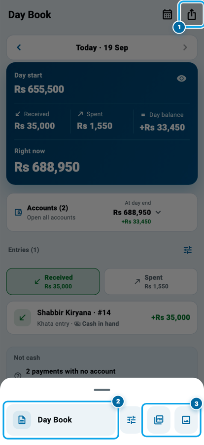 Wasoolo ke Day Book ki share sheet: din ko PDF ya image bana kar bhejne ke do raaste