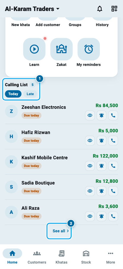 The Calling List block on Wasoolo's Home tab with the Today and Late chips and five khatas due today