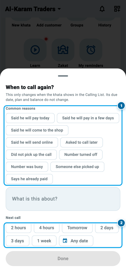 The next-call sheet in Wasoolo with nine ready reasons, a note box and the day chips