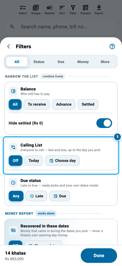 The Calling List card inside the Wasoolo khata filter, with Off, Today and Choose day