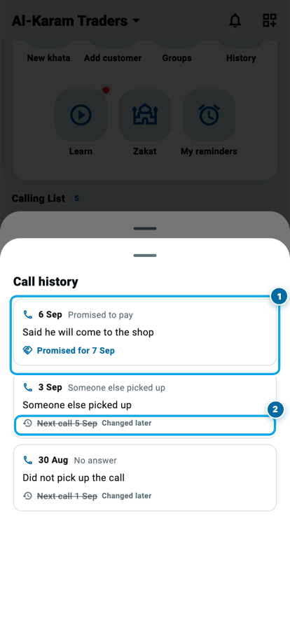 The call history sheet in Wasoolo with three saved calls, their outcomes and their follow-up days