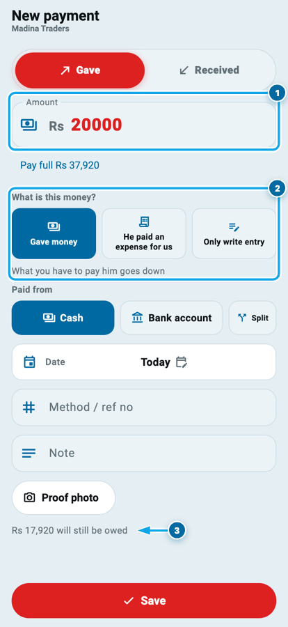 Wasoolo mein supplier ki nayi payment, raqam, pay full, paise ki qisam aur baqi dena