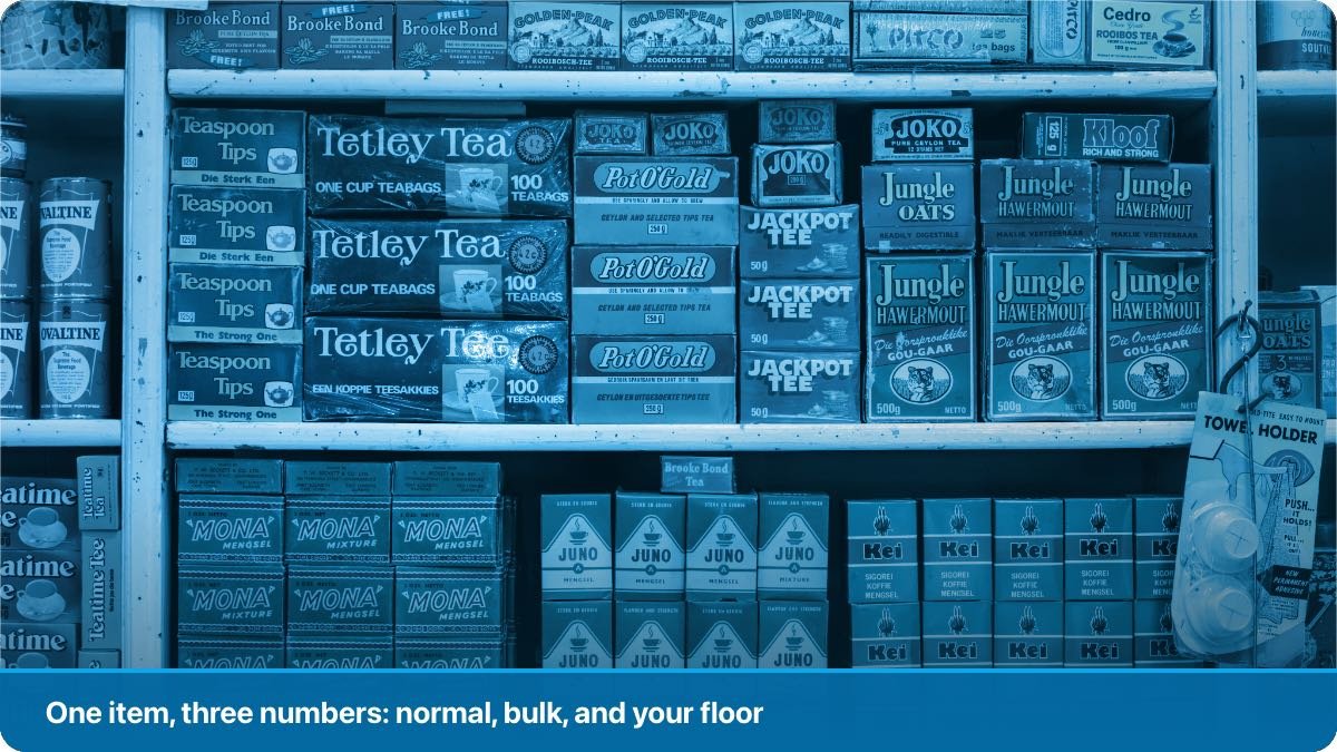 Stacked cartons and loose pieces on the shelves of a small shop, waiting to be priced.