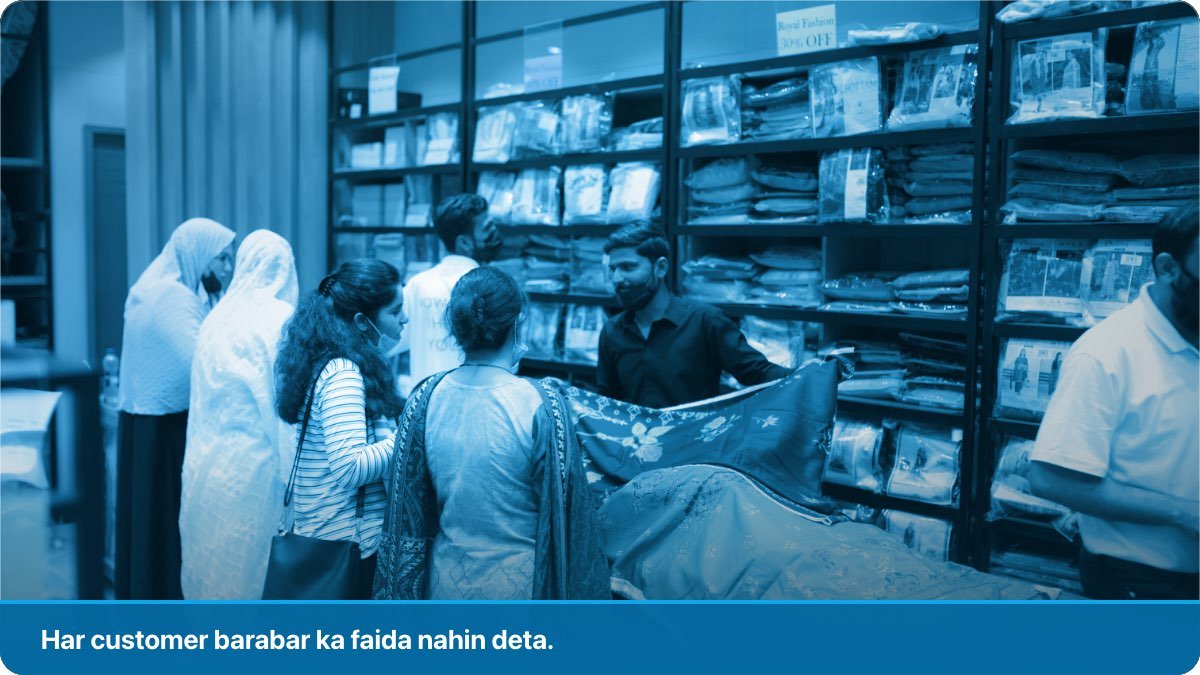 A cloth shop in South Asia, the shopkeeper showing fabric to a group of customers at the counter.
