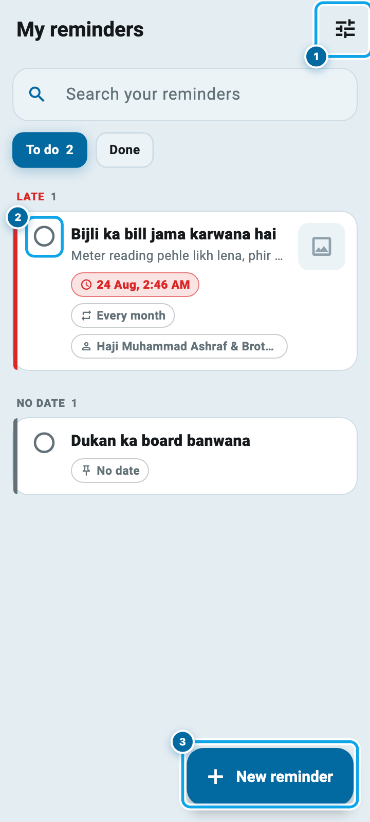 The My reminders screen in Wasoolo showing a late reminder and one with no date