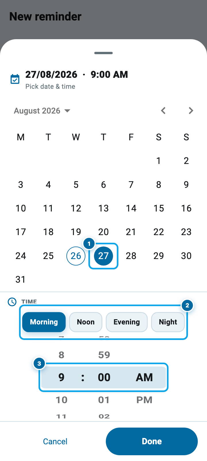 The date and time screen in Wasoolo with a calendar above a rolling clock wheel