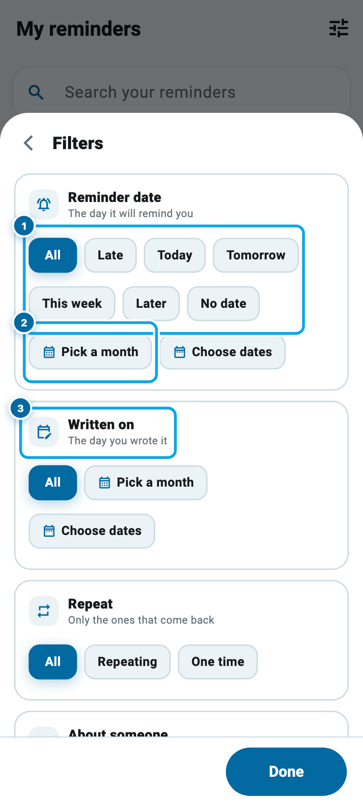 The filter screen in Wasoolo with reminder date, written on and repeat filters