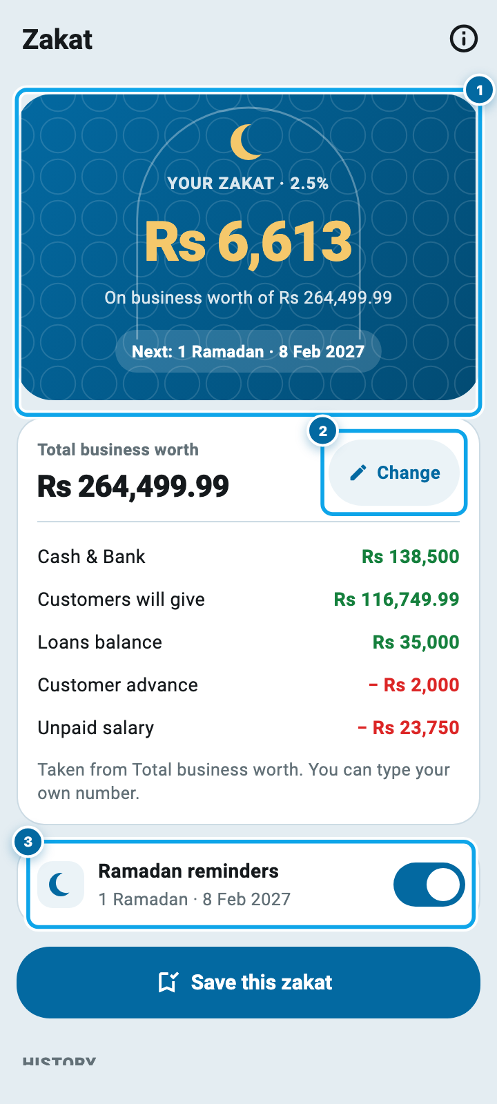The Zakat screen in Wasoolo showing 2.5% of the business worth and the Ramadan reminders switch