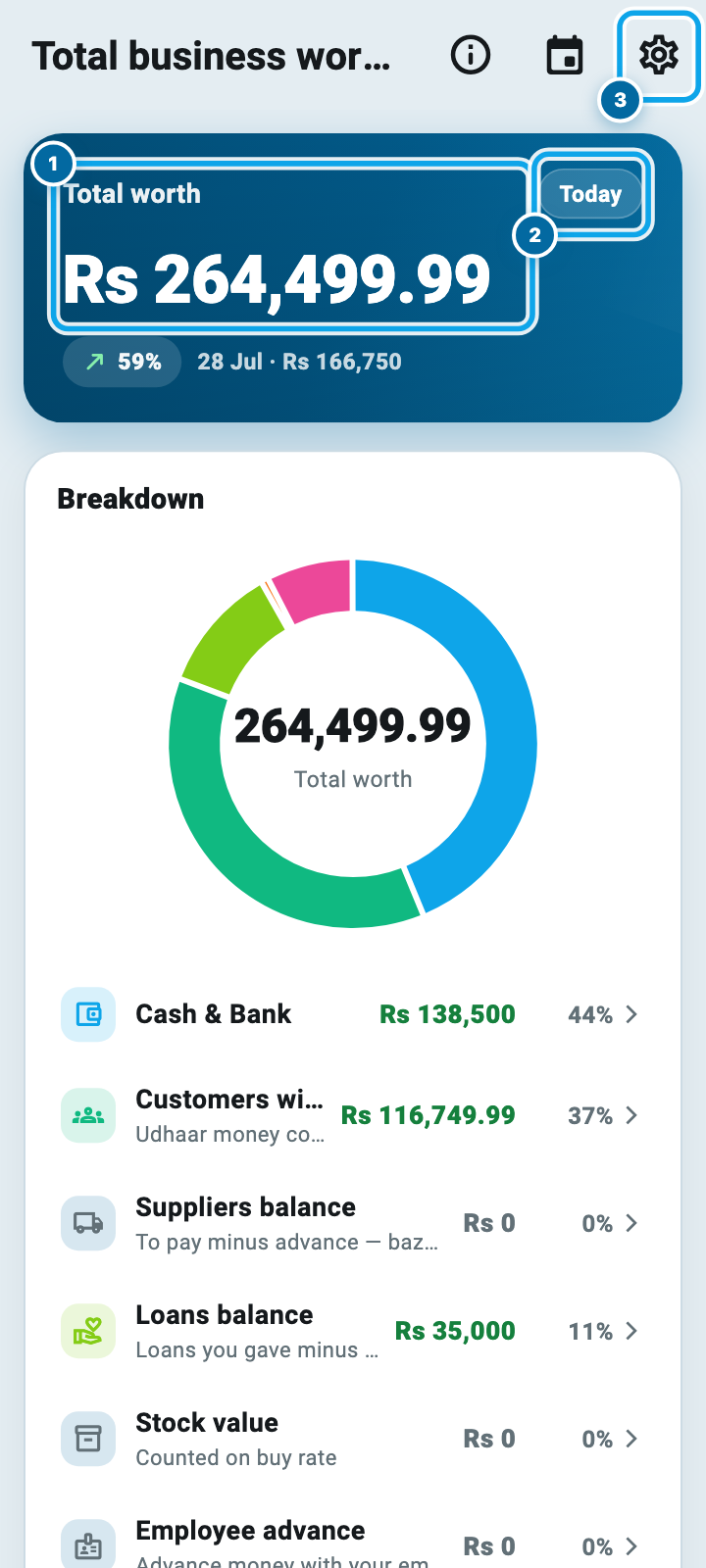 The Total business worth screen in Wasoolo with the total, the donut breakdown and its per-line switches