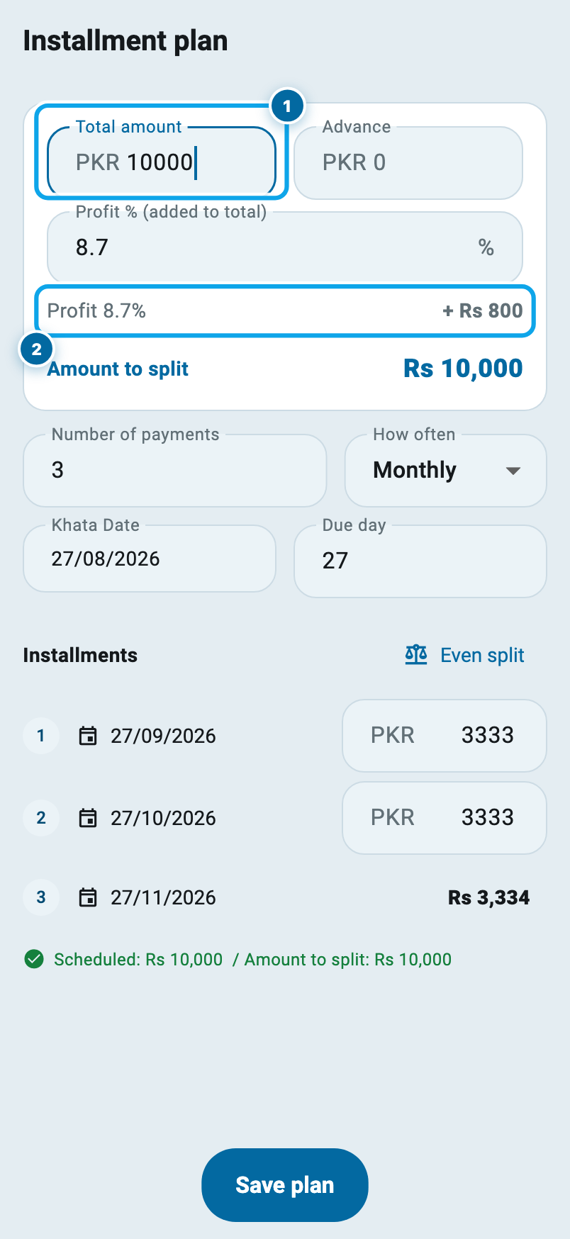 The Wasoolo installment plan page with a total of Rs 10,000 typed and the profit filled in