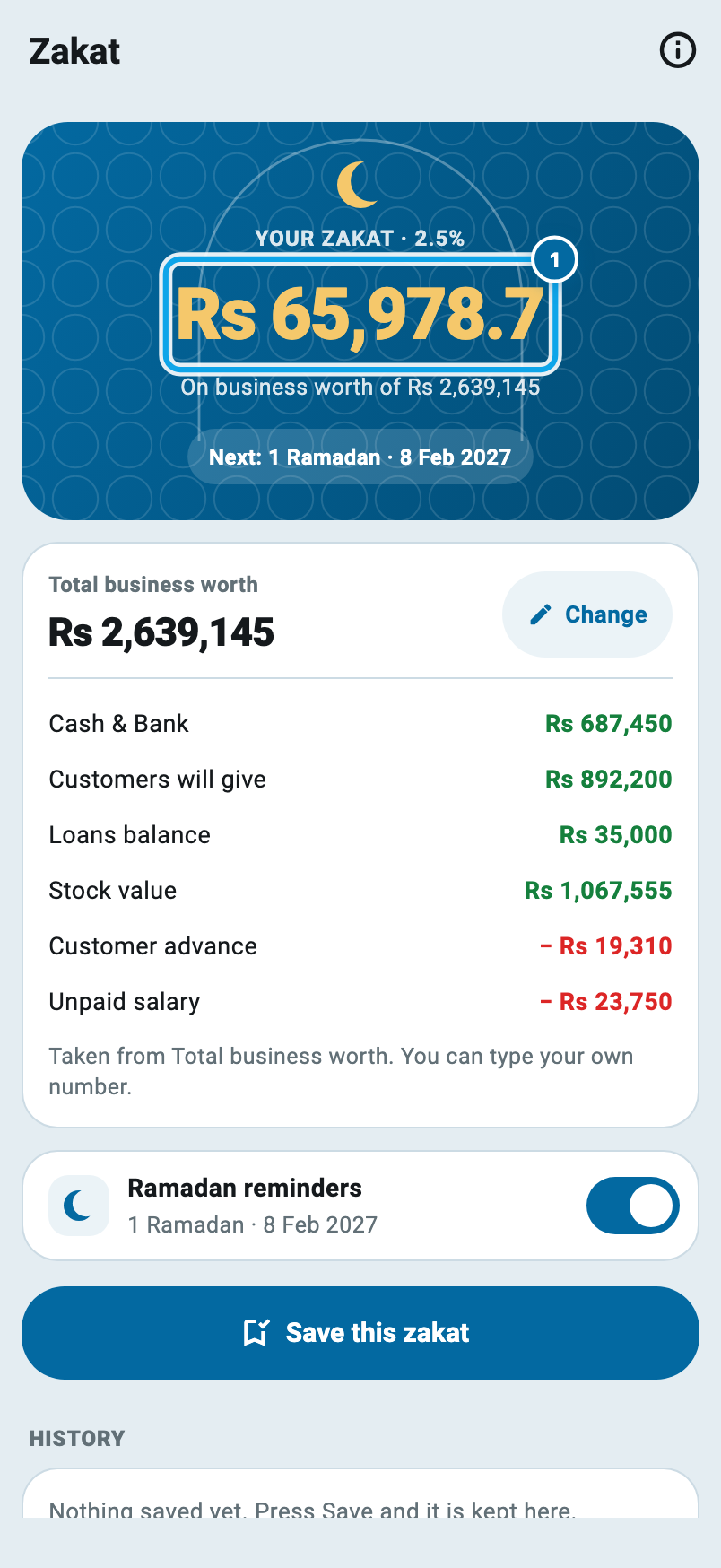 The Wasoolo Zakat screen showing an amount with one decimal place