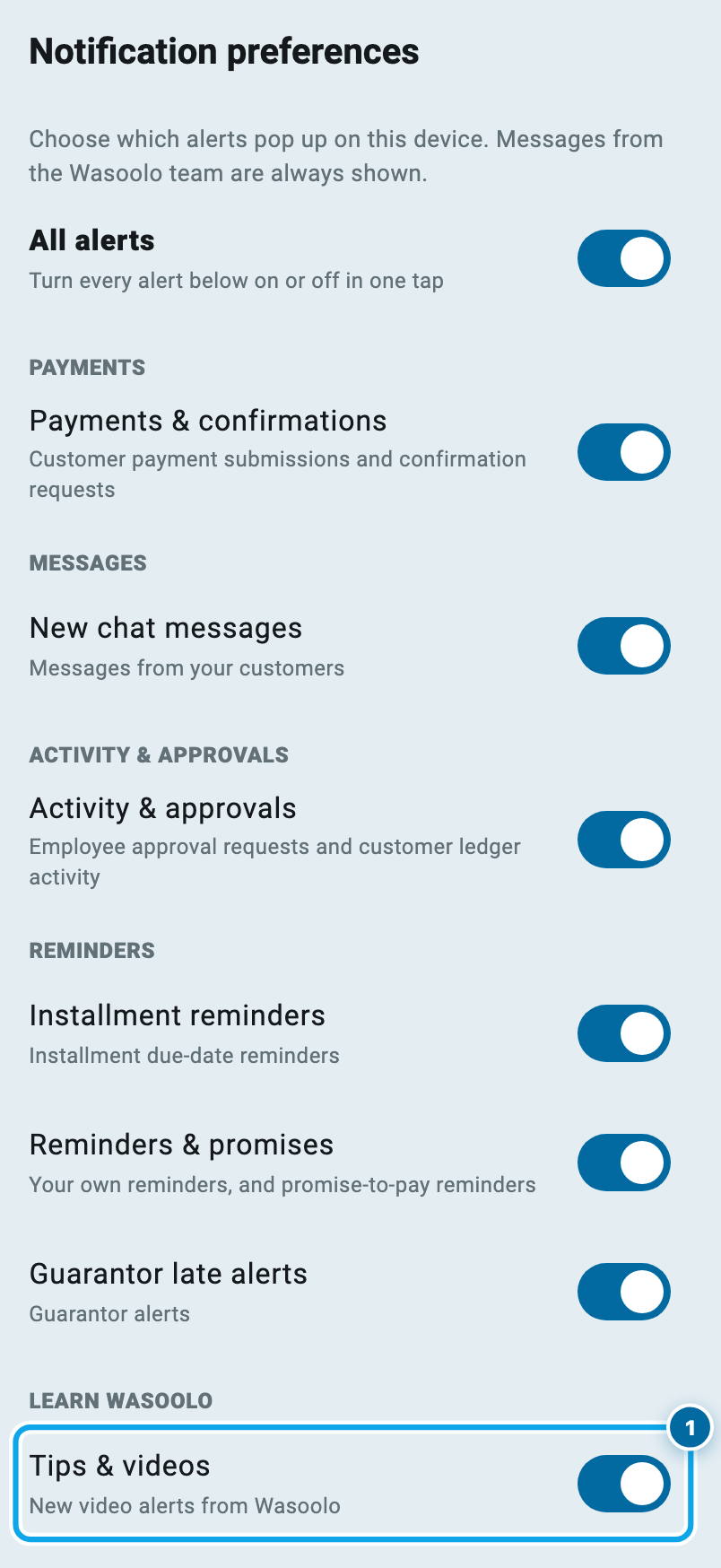 The Wasoolo notification preferences screen with the Tips and videos switch