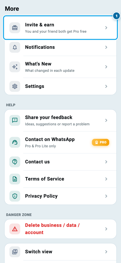 The Wasoolo More tab with the Invite and earn row near the bottom