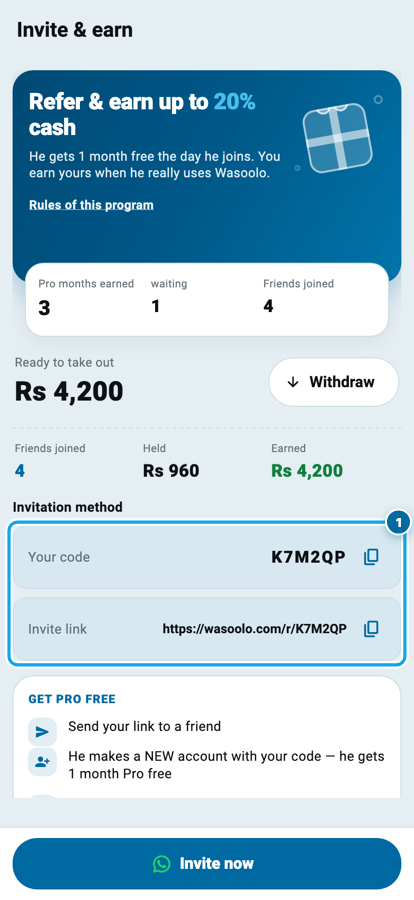 The Wasoolo Invite and earn screen showing the code and link rows
