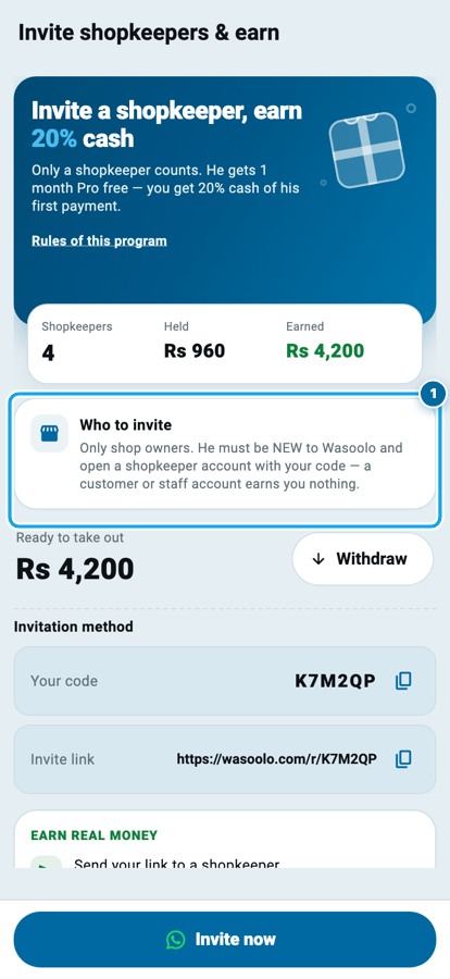 The Wasoolo Invite and earn screen for a customer, with a Who to invite card