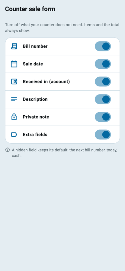 Wasoolo ki Counter sale form settings jis par chhe switch hain