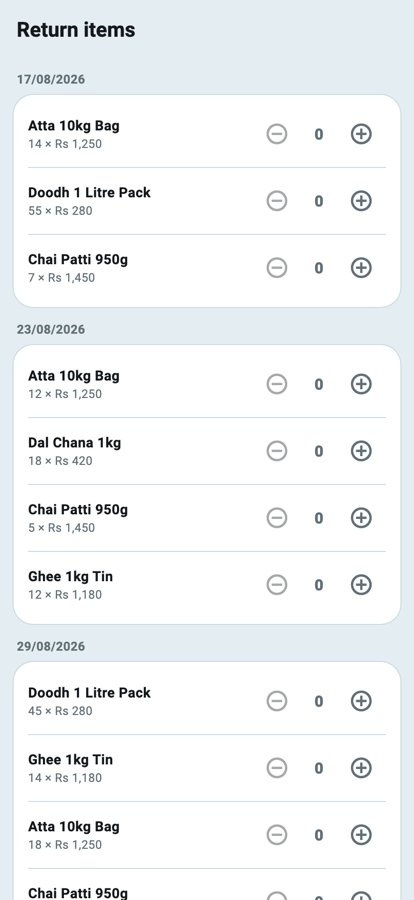 Wasoolo ka Return items form jis par bikri ki tareekh ke neeche cheezein hain