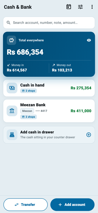 Wasoolo ki Cash and Bank list jis par do account 2 shops ke tag ke sath hain