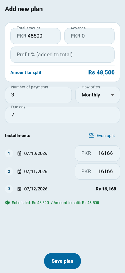 Wasoolo ka Add new plan form: total, advance aur qiston ki tadaad