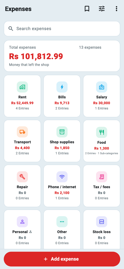Wasoolo ka kharchon wala safha jis par category ke dabbe, total aur ginti hai