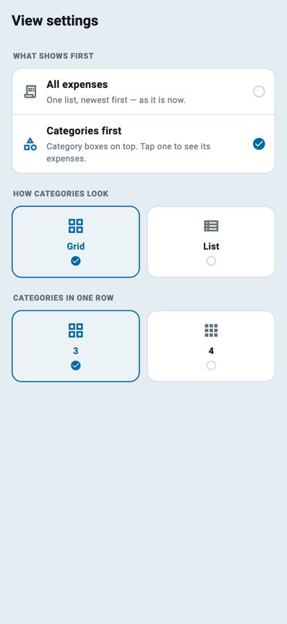 Wasoolo ka Expenses view settings safha jis par list aur category ke option hain