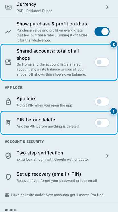 Wasoolo ki Settings jis par PIN before delete aur mushtarka account ka switch hai