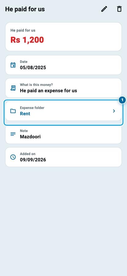 Wasoolo mein supplier ke kharche wali entry ka safha jis ka folder row kharcha kholta hai