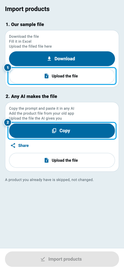 Wasoolo ka products import safha jis par do raste hain aur dono par upload ka button hai