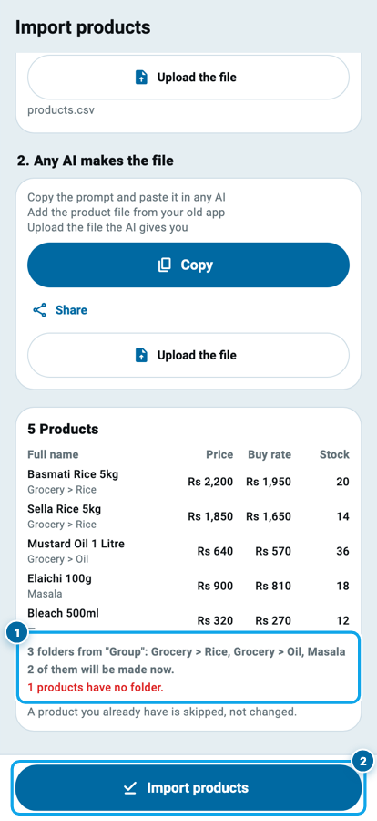 Wasoolo ka import preview jis mein har cheez apne folder ke sath aur banne wale folder ki ginti hai