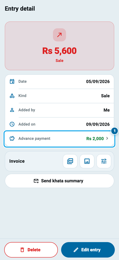 Wasoolo ki bikri wali entry jis par Advance payment ki row hai