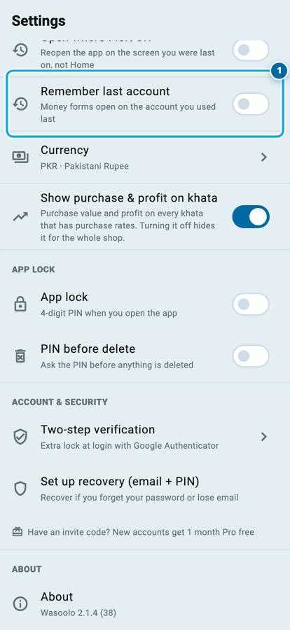 The Wasoolo Settings page with the Remember last account switch