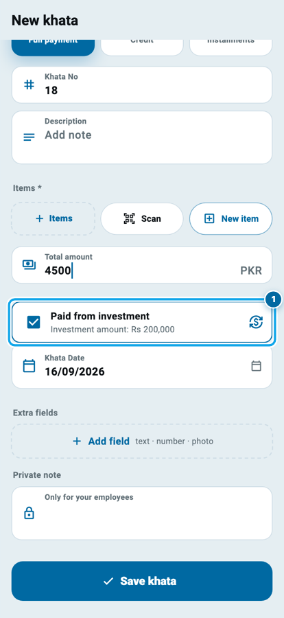 Wasoolo ka naya khata form investor ke customer ke liye, Paid from investment tick aur account card ghayab