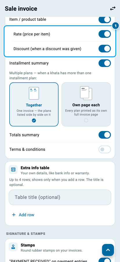 Wasoolo ke sale invoice customization page par Rate aur Discount ke switch item table ke neeche
