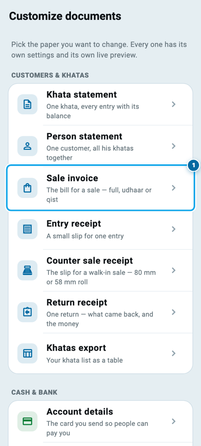 The Wasoolo Customize documents screen listing Khata statement, Person statement, Sale invoice, Entry receipt, Counter sale receipt, Return receipt and Khatas export