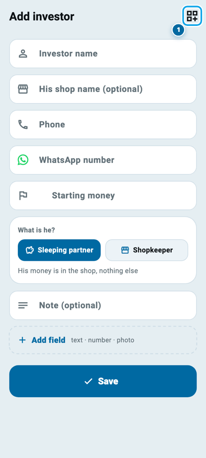 The Wasoolo Add investor form with fields for name, shop name, phone, WhatsApp number and starting money, and the customize button in the top bar