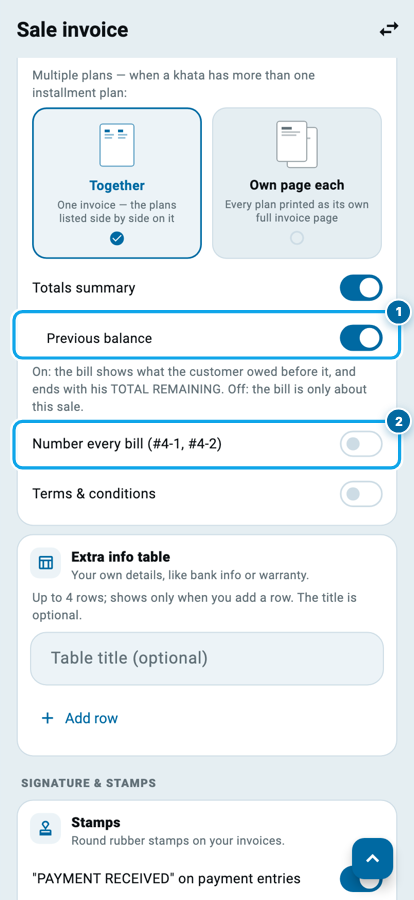 The Wasoolo Sale invoice settings page with the Previous balance and Number every bill switches
