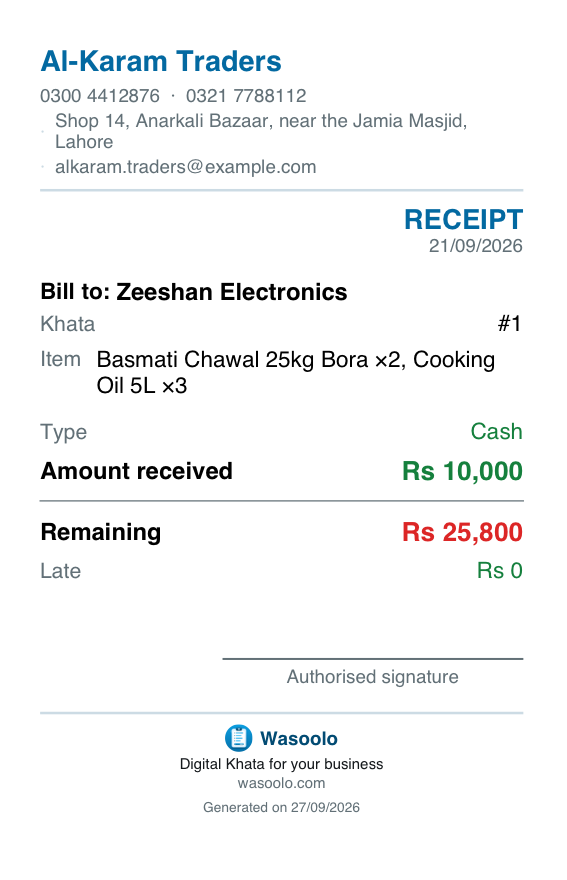 A Wasoolo payment receipt on an 80 mm roll with the shop name, two phone numbers, a two-line address and an email at the top