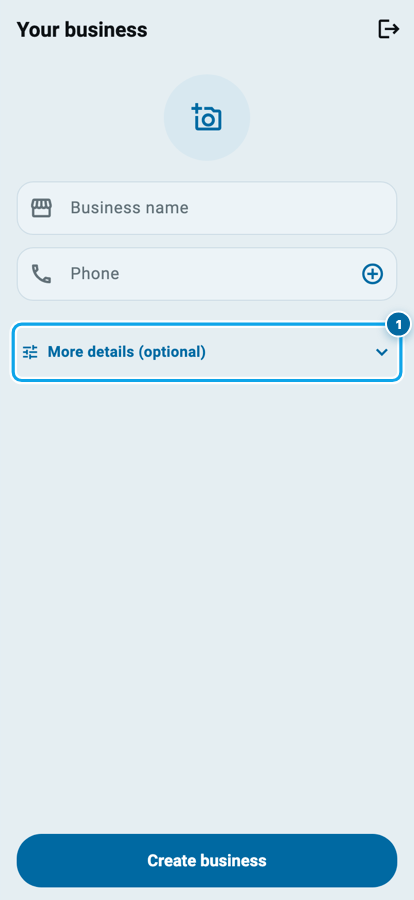 The Wasoolo new business page with a Business name box, an optional Phone box and a More details optional row