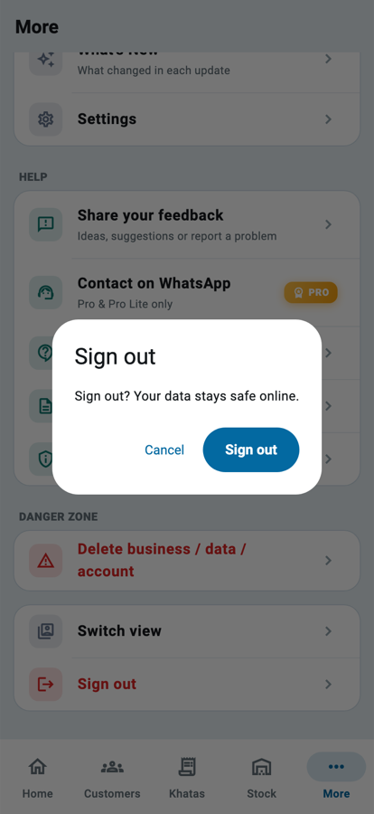 The Wasoolo More tab with the Sign out question open, reading Sign out? Your data stays safe online, with Cancel and Sign out